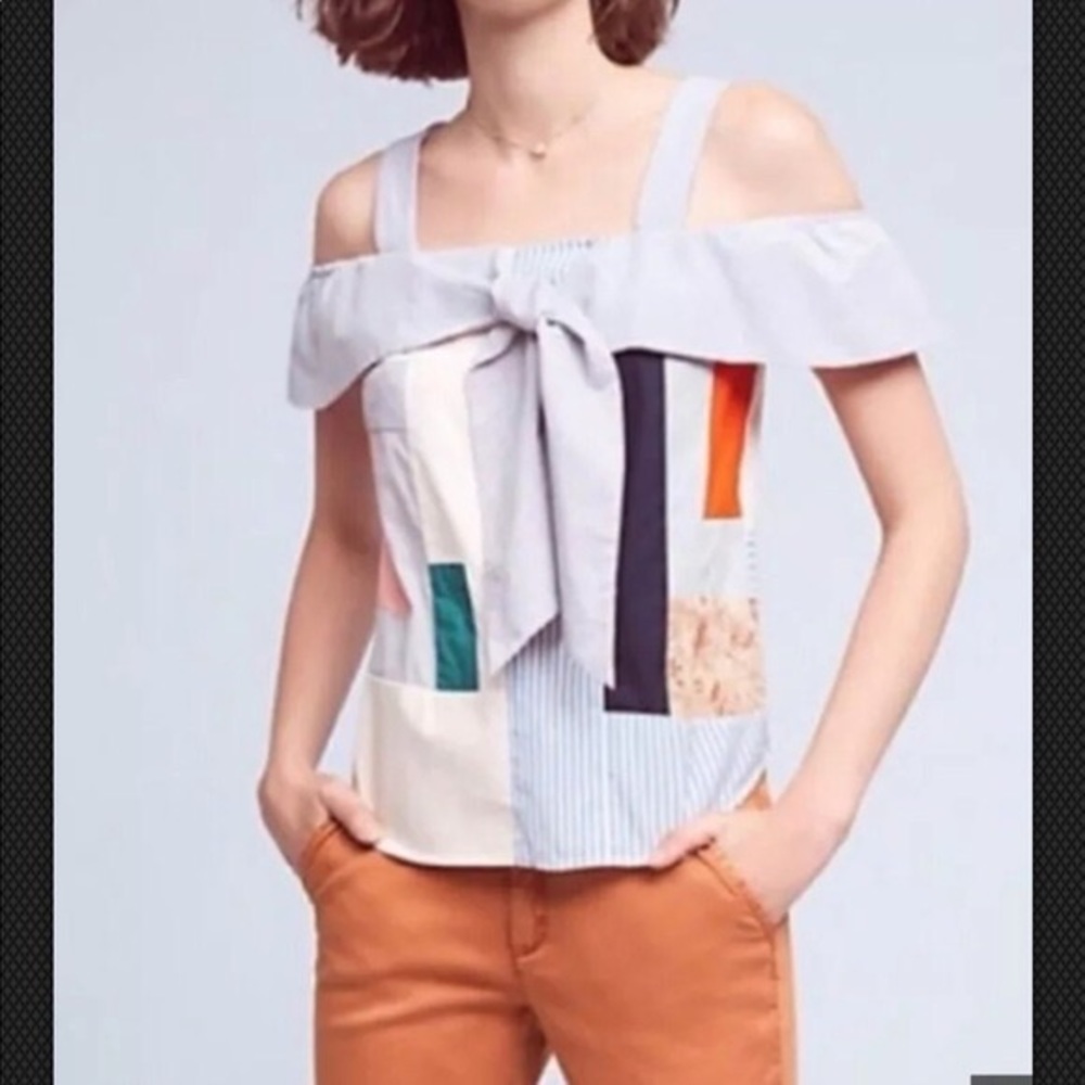 NWOT Maeve Anthropologie Off Shoulder Patchwork Madras Bow Top 12